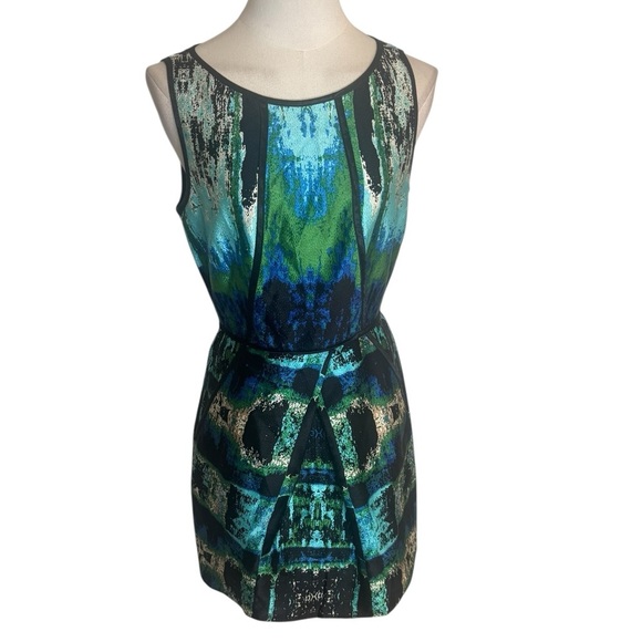 Laundry By Shelli Segal Silk Mini Dress Green Blue Watercolor Sz 2 Sheath Party - Picture 9 of 9